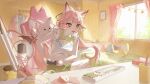  1girl absurdres ahoge animal_ear_fluff animal_ears blush breasts cat_ears chair clock commentary commission controller cup curtains disposable_cup fang frills game_controller gaming_chair green_eyes green_shorts hair_ornament highres holding holding_controller holding_game_controller indoors long_hair machida_0906 mole mole_under_eye open_mouth original pink_hair ponytail shirt shorts sitting skeb_commission sleeveless sleeveless_shirt solo star_(symbol) sunlight swivel_chair tail untranslatable_commentary variant_set virtual_youtuber white_shirt window 