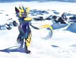  2others blue_eyes body_fur cazmo claws day full_body furry long_sleeves looking_at_viewer multiple_others neck_fur outdoors pokemon pokemon_(creature) pokemon_focus riolu snow standing walking yellow_fur zeraora 
