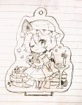  1girl ascot bat_wings blush cake cake_slice chibi chibi_only closed_mouth commentary_request cup food frilled_skirt frills furawast hat hat_ribbon holding holding_cup looking_at_viewer macaron mob_cap one_eye_closed pancake pancake_stack puffy_short_sleeves puffy_sleeves remilia_scarlet ribbon shirt short_hair short_sleeves skirt smile solo teacup touhou traditional_media wings wrist_cuffs 