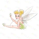  1girl bare_shoulders blonde_hair blue_eyes breasts commentary dress fairy fairy_wings green_dress green_shoes green_tunic hair_bun highres looking_at_viewer mini_person minigirl mio_ney pointy_ears shoes short_hair single_hair_bun smile solo strapless strapless_dress tinker_bell_(disney) tunic untranslatable_commentary walt_disney's_peter_pan wings 