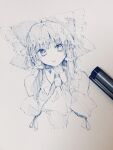  1girl absurdres art_tools_in_frame ascot blue_theme bow commentary_request detached_sleeves frilled_bow frilled_hair_tubes frills furawast hair_bow hair_tubes hakurei_reimu highres long_hair looking_at_viewer photo_(medium) solo touhou traditional_media upper_body 