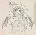  1girl alternate_hair_length_(longer) ascot bat_wings blush closed_mouth commentary_request furawast hat hat_ribbon highres long_hair looking_at_viewer mob_cap pointy_ears puffy_short_sleeves puffy_sleeves remilia_scarlet ribbon shirt short_sleeves sketch skirt smile solo touhou traditional_media very_long_hair wings wrist_cuffs 