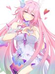  1girl aqua_hair bare_shoulders breasts commentary createnseitai cyrene_(demiurge)_(honkai:_star_rail) cyrene_(honkai:_star_rail) diamond-shaped_pupils diamond_(shape) dress heart heart_hands highres honkai:_star_rail honkai_(series) large_breasts long_hair looking_at_viewer pink_hair purple_eyes simple_background smile solo symbol-shaped_pupils untranslatable_commentary very_long_hair white_background white_dress 