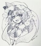  1girl ascot bat_wings blush brooch commentary_request fang furawast hat hat_ribbon jewelry looking_at_viewer mob_cap open_mouth puffy_short_sleeves puffy_sleeves remilia_scarlet ribbon shirt short_sleeves sketch smile solo touhou traditional_media twitter_username upper_body wings wrist_cuffs 