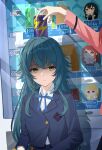  2girls absurdres blazer blue_jacket blue_ribbon bottle can_on_head character_doll chibigurumi commentary_request doll empty_eyes fujita_kotone gakuen_idolmaster gong_yan_tvt green_eyes green_hair hanami_saki highres idolmaster jacket long_hair multiple_girls neck_ribbon price_tag ribbon shaded_face shirt tsukimura_temari vending_machine very_long_hair white_shirt 