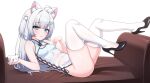  1girl :3 absurdres ahoge animal_ears armpit_crease ass bare_arms bare_shoulders black_sandals blue_eyes breasts cat_ears china_dress chinese_clothes cleavage cleavage_cutout closed_mouth clothing_cutout commentary commission couch cross-laced_clothes cross-laced_dress dress hair_ornament hairclip high_heel_sandals high_heels highres holding kkam-sang legs_up long_hair looking_at_viewer lying no_panties on_back on_couch one_side_up original pelvic_curtain reclining sandals short_dress side-tie_dress sideless_dress simple_background skindentation sleeveless sleeveless_dress small_breasts smile solo thighhighs thighs white_background white_dress white_hair white_thighhighs 