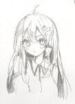  1girl ahoge blush commentary_request detached_sleeves frog_hair_ornament furawast greyscale hair_ornament hair_tubes kochiya_sanae looking_at_viewer monochrome open_mouth single_hair_tube sketch snake_hair_ornament solo touhou traditional_media upper_body 
