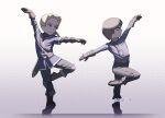  2boys arm_up armor belt blonde_hair blue_jacket blue_tunic boots brown_gloves brown_hair closed_eyes closed_mouth dancing full_body gloves grey_eyes grey_pants halftone halftone_background highres jacket knee_pads leg_up long_sleeves male_focus mii_(nintendo) mii_swordfighter mii_swordfighter_(smash_4) mii_swordfighter_(smash_ultimate) miifighterss2 multiple_boys outstretched_arms pants parted_bangs scabbard sheath shirt short_hair short_sleeves standing standing_on_one_leg super_smash_bros. sword tunic twitter_username weapon 
