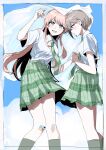  2girls bandaid bandaid_on_knee bandaid_on_leg bang_dream! bang_dream!_it's_mygo!!!!! blue_sky blush chihaya_anon closed_mouth cloud collared_shirt commentary day fang green_necktie green_skirt grey_eyes grey_hair haneoka_school_uniform highres holding_hands long_hair multiple_girls necktie open_mouth outdoors pink_eyes pink_hair plaid_clothes plaid_skirt pleated_skirt school_uniform shirt skirt sky smile suudori takamatsu_tomori white_shirt yuri 
