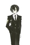  1boy absurdres black_hair black_jacket black_necktie black_pants black_suit closed_mouth collared_shirt commentary_request cowboy_shot eye_mask gloves half_eye_mask hand_in_pocket highres index_(identity)_(project_moon) jacket lapels limbus_company long_sleeves looking_at_viewer male_focus mask meijiichigo necktie notched_lapels pants parted_bangs project_moon shirt short_hair side_part simple_background smile solo suit white_background white_gloves white_hair white_shirt yellow_eyes yi_sang_(project_moon) 