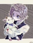  1boy aged_down alt_text aotsuki_eito bandana bandana_around_neck black_vest blood brown_background commentary cropped_torso crying crying_with_eyes_open dated diamond-shaped_pupils diamond_(shape) english_commentary glasses gloves goat grey_hair highres holding holding_stuffed_toy hugging_object letterboxed looking_ahead male_focus mixed-language_commentary neckerchief outline purple_bandana purple_eyes shirt short_hair solo stuffed_toy symbol-shaped_pupils tears the_hundred_line_-last_defense_academy- twitter_username vest vi_sick white_outline white_shirt 