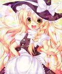  blonde_hair bow braid hair_bow hand_on_hip hat kirisame_marisa long_hair open_mouth runako smile solo touhou v witch_hat yellow_eyes 