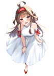  1girl :d absurdres ahoge alternate_costume bare_shoulders brown_hair character_name collarbone commentary_request dress from_above hairband highres himura_moritaka kantai_collection kongou_(kancolle) long_hair looking_at_viewer purple_eyes red_hairband red_shoes shoes smile solo textless_version white_dress 