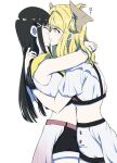  2girls arms_around_neck biting biting_another's_lip black_hair black_shorts blonde_hair blush braid closed_eyes commentary_request crop_top crown_braid dia_(genjitsu_no_yohane) genjitsu_no_yohane green_eyes hand_in_another's_hair highres horns kurosawa_dia long_hair love_live! love_live!_sunshine!! mari_(genjitsu_no_yohane) midriff multiple_girls ohara_mari shirt shorts simple_background sweatdrop white_background white_shirt white_shorts yakult1124 yuri 