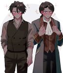  2boys adjusting_clothes aristocratic_clothes ascot asymmetrical_bangs black_pants blue_coat blush border brown_hair brown_vest buttons coat cowboy_shot curtained_hair dark-skinned_male dark_skin dirty dirty_clothes gold_trim grey_background grey_pants grey_vest hand_in_pocket heathcliff_(project_moon) highres jewelry l_c_gg lapels limbus_company long_sleeves looking_at_viewer low_ponytail male_focus medium_hair multiple_boys open_clothes open_coat pants parted_bangs parted_lips ponytail project_moon purple_eyes ring scar scar_on_arm scar_on_cheek scar_on_face scar_on_hand scar_on_neck shirt short_hair side-by-side sleeve_cuffs sleeves_rolled_up sparkle sparkling_aura vest waistcoat white_ascot white_border white_shirt 