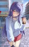  1boy 2girls akuma_nihmune black_choker blush breasts bubble_tea choker closed_mouth cloud commentary cup demon_horns disposable_cup drawstring english_commentary glasses highres holding holding_cup hood hoodie horns ibbychan indie_virtual_youtuber large_breasts long_hair long_sleeves looking_at_viewer multiple_girls outdoors pleated_skirt purple_eyes purple_hair red_skirt road_sign round_eyewear sign skirt sky smile solo solo_focus standing virtual_youtuber white_hoodie 