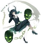  :p black_hair black_rock_shooter chain crossed_legs dead_master green_eyes long_hair no.70 scythe sitting skull smile solo tongue tongue_out 