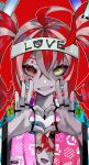  1girl absurdres ahoge artist_name black_nails blue_happi colored_skin commentary diamond-shaped_pupils diamond_(gemstone) diamond_(shape) diamond_ring english_commentary facial_mark glowstick grey_hair grey_skin grin happi headband heart heart_facial_mark heart_hands heterochromia highres hololive hololive_indonesia japanese_clothes jewelry kureiji_ollie kureiji_ollie_(holo-wota_happi) long_hair looking_at_viewer mismatched_pupils multicolored_hair multicolored_skin nkonya official_alternate_costume open_happi open_mouth ornate_ring otaku patchwork_skin penlight_(glowstick) pink_hair portrait red_background red_eyes red_hair ring shirt simple_background smile solo stitched_face stitches streaked_hair symbol-shaped_pupils twintails two-tone_skin virtual_youtuber white_headband white_shirt x-shaped_pupils yellow_eyes zombie 