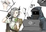  1girl 1other ? ?? arknights commentary_request demon_girl demon_horns doctor_(arknights) green_eyes grey_hair highres hood horns ipad jacket nasti_(arknights) open_clothes open_jacket pointy_ears priestess_(arknights) prts_logo_(arknights) saibogu710 tablet_pc 