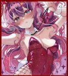  1girl animal_ears blue_eyes border breasts character_request copyright_request cowboy_shot eyelashes fake_animal_ears fake_tail highres leotard mole nununu_(nununu386) purple_hair rabbit_ears rabbit_tail red_border red_leotard shikishi small_breasts solo strapless strapless_leotard tail traditional_media 