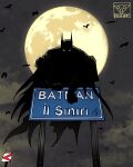  1boy absurdres animal artist_logo bat_(animal) bat_mask batman black_cape bodysuit cape cloud commentary dc_comics english_commentary from_below full_moon highres logo looking_at_viewer male_focus moon night pizza990 road_sign sign signature squatting superhero_costume translated turkey_(country) turkish_text white_eyes 