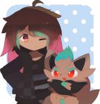  1other ahoge alternate_color black_jacket blue_background bri_rodez brown_eyes brown_hair checkered_clothes checkered_jacket colored_bangs colored_tips dark_skin deformed ganjababy123456789 ghost_and_pals jacket multicolored_hair one_eye_closed pokemon pokemon_(creature) polka_dot polka_dot_background red_eyes shiny_pokemon shirt striped_clothes striped_shirt zorua 