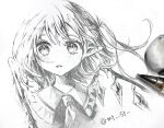  1girl art_tools_in_frame ascot blush collared_shirt commentary_request crystal crystal_wings flandre_scarlet frilled_shirt_collar frills furawast greyscale monochrome one_side_up open_mouth photo_(medium) pointy_ears shirt solo touhou traditional_media twitter_username upper_body vest wings 