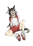  1girl absurdres animal_ears ankle_socks blush brown_hair closed_eyes colored_lineart commentary_request dirty dirty_clothes dirty_face dreamcatcher ear_covers earrings feather_earrings feathers hatching_(texture) highres horse_ears horse_girl horse_tail jacket jewelry korean_commentary laughing leaning_back leg_up linear_hatching long_hair multicolored_shoes open_clothes open_jacket open_mouth raised_eyebrows red_shorts shirt shorts simple_background socks solo solo_focus spread_legs stained_clothes stay_gold_(umamusume) sweat tail teeth tongue tracen_training_uniform umagamja umamusume white_background white_shirt 