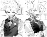  2boys :d alternate_costume animification antenna_hair bad_id bad_twitter_id bandage_on_cheek bartender bow bowtie cocktail_glass collared_shirt commentary cup drinking_glass eddsworld flipped_hair formal_clothes greyscale hair_behind_ear hair_ears hollow_eyes k3vccitq long_sleeves looking_at_viewer male_focus monochrome multiple_boys open_mouth shirt short_hair sketch smile spiked_hair swept_bangs tom_(eddsworld) tord_(eddsworld) vest 