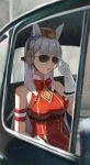  1girl absurdres adjusting_eyewear animal_ears armband breasts brown_hat car commentary dress ear_covers from_outside gloves gold_ship_(red_strife)_(umamusume) gold_ship_(umamusume) grey_hair hat highres horse_ears horse_girl long_hair looking_outside medium_breasts motor_vehicle pillbox_hat red_dress shippo_(pixiv_18567314) sleeveless sleeveless_dress solo striped_armband striped_clothes sunglasses umamusume white_gloves 