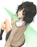  akito_(akitotika) amagami black_eyes black_hair crossed_legs food from_above grey_skirt highres kibito_high_school_uniform long_sleeves looking_back messy_hair pleated_skirt pocky ringed_eyes school_uniform sitting skirt socks solo sweater tanamachi_kaoru wavy_hair 