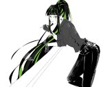  1girl alfonso_(project_moon) barcode barcode_tattoo black_hair black_pants cigarette collared_shirt commentary_request gloves green_eyes green_hair green_streaks grey_gloves grey_shirt high_ponytail holding holding_cigarette indonesian_commentary leaning_forward limbus_company long_hair looking_at_viewer multicolored_hair nabwuchang pants parted_lips ponytail project_moon shirt simple_background solo streaked_hair tattoo very_long_hair white_background 