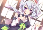  1girl 9-nine- alternate_costume back_bow bare_shoulders black_dress blurry blurry_background blush bow bowtie braid breasts commentary cowboy_shot detached_collar detached_sleeves dress dress_bow enmaided floating_hair frilled_dress frilled_sleeves frills green_bow grey_bow grey_bowtie grey_hair hair_between_eyes hair_ornament hair_scrunchie hands_up highres indoors jitome large_breasts long_hair long_sleeves looking_at_viewer maid maid_headdress niimi_sora nine_ball_maid_uniform open_hand open_hands parted_lips purple_eyes red_scrunchie scrunchie sidelocks single_braid sleeveless sleeveless_dress solo story_in_commentary sukonbu385 triangle_mouth waitress watermark white_bow 