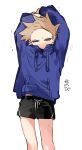  1boy animification black_shorts blue_hoodie brown_hair cowboy_shot drawstring eddsworld expressionless highres hollow_eyes hood hood_down hoodie k3vccitq long_sleeves looking_at_viewer male_focus midriff_peek short_hair shorts simple_background sketch solo spiked_hair stretching third-party_source tom_(eddsworld) translation_request white_background 