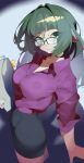  1girl absurdres alternate_costume animal_ears black-framed_eyewear black_skirt breasts chinese_commentary closed_mouth collarbone collared_shirt commentary_request cropped_legs fingernails folder glasses green_eyes green_hair highres holding holding_folder jane_doe_(zenless_zone_zero) large_breasts looking_at_viewer mouse_ears mouse_girl nail_polish purple_nails purple_shirt shirt short_hair skirt solo zenless_zone_zero zhileng_zhil 
