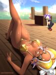 2026 absurd_res animal_humanoid aquatic big_breasts bikini breasts cephalopod clothing dark_body dark_skin duo ear_piercing eyebrows eyelashes feet female frye_(splatoon) gesture glistening glistening_body glistening_breasts glistening_skin gold_bikini hand_gesture hi_res humanoid humanoid_pointy_ears inkling lying mollusk mollusk_humanoid navel nintendo norishiitsu on_back one_leg_up piercing pointy_ears pseudo_hair raised_leg shiver_(splatoon) splatoon swimwear tentacle_hair tentacles two-piece_swimsuit v_sign yellow_eyes
