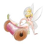  1girl bare_shoulders blonde_hair blue_eyes breasts commentary dress fairy fairy_wings green_dress green_shoes hair_bun highres looking_at_viewer mini_person minigirl mio_ney pointy_ears shoes short_hair single_hair_bun solo strapless strapless_dress tinker_bell_(disney) untranslatable_commentary walt_disney's_peter_pan wings 