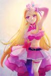  1girl aizen_(syoshiyuki) arm_up asymmetrical_clothes bare_shoulders belt blonde_hair braid butterfly_hair_ornament commentary_request cowboy_shot crop_top cure_butterfly frills gradient_background hair_ornament highres hijiri_ageha hirogaru_sky!_precure long_hair magical_girl midriff miniskirt multicolored_hair navel overskirt pink_eyes pink_skirt pleated_skirt precure side_braid single_pantsleg skirt solo thigh_strap two-tone_hair very_long_hair 