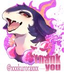  1other commentary_request english_text fire furry hisuian_typhlosion kuro_(kuromaru) looking_at_viewer open_mouth pokemon pokemon_(creature) pokemon_focus portrait purple_fire red_eyes thank_you white_background 
