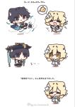  1boy 1girl animal_ear_fluff animal_ears arms_at_sides black_bodysuit black_bridal_gauntlets black_gloves black_sandals black_shorts blonde_hair blue_cape blue_feathers blue_hat blue_jingasa blue_kimono blue_trim blunt_ends blush bodysuit bridal_gauntlets cape cat_boy cat_ears cat_girl chibi chibi_only choppy_bangs closed_eyes closed_mouth commentary_request detached_sleeves dress facing_another feather_hair_ornament feathers fingerless_gloves floating flower genshin_impact gloves gold hair_flower hair_intakes hair_ornament halterneck hand_up hat highres igyou_kusamochi japanese_clothes jingasa juban jumping kimono levitation looking_at_another lumine_(genshin_impact) open_hand open_mouth pantyhose purple_eyes sandals scaramouche_(genshin_impact) scarf sequential shorts shoulder_peek side_cape smile speech_bubble spoken_hand standing translation_request vortex wanderer_(genshin_impact) waving_hands white_background white_dress white_flower white_kimono white_pantyhose white_scarf white_sleeves yellow_eyes zouri 