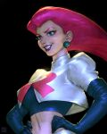  1girl absurdres breasts crop_top earrings elbow_gloves gloves hair_slicked_back highres jessie_(pokemon) jewelry large_breasts lipstick long_hair makeup pokemon pokemon_(anime) single_letter skirt smile solo sphere_earrings studystudiomax team_rocket team_rocket_uniform white_skirt 
