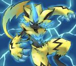  1other blue_background blue_eyes body_fur claws electricity furry looking_at_viewer neck_fur pokemon pokemon_(creature) pokemon_focus ryusei0402 yellow_fur zeraora 