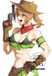  1girl bandana bandeau bare_shoulders belt bikini bikini_under_clothes blue_eyes breasts brown_belt brown_gloves brown_hair brown_hat cleavage commentary_request cowboy_shot cowgirl_(western) detached_sleeves gloves gohagohannn green_skirt grey_background grin gun hand_on_own_hip handgun hat highres holding holding_gun holding_weapon horse_girl large_breasts long_hair looking_at_viewer midriff miniskirt navel one_eye_closed open_mouth ponytail red_bandana revolver short_sleeves simple_background skirt smile solo standing stomach swimsuit taiki_shuttle_(umamusume) taiki_shuttle_(wild_frontier)_(umamusume) teeth trigger_discipline umamusume upper_teeth_only watermark weapon 