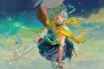  1girl absurdres aqua_hair blue_dress blue_eyes blue_ribbon braid broom broom_riding closed_mouth dress field flying full_body highres long_hair looking_to_the_side muyihui original revision ribbon signature sitting sky solo star_(sky) starry_sky string_of_flags 