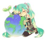  aqua_hair bad_id bad_pixiv_id closed_eyes detached_sleeves earth fuyu_kitsune hatsune_miku hello_planet_(vocaloid) long_hair plant simple_background skirt solo thighhighs twintails very_long_hair vocaloid 