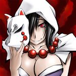  black_hair breasts cleavage evil_grin evil_smile fox_mask grin hayashi_custom hood jewelry large_breasts mask mole ookami_(game) red_eyes smile solo tsuzurao 