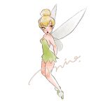  1girl bare_shoulders blonde_hair blue_eyes breasts commentary cosplay dress fairy fairy_wings green_dress hair_bun highres looking_at_viewer mini_person minigirl mio_ney pointy_ears short_hair single_hair_bun smile solo strapless strapless_dress tinker_bell_(disney) tinker_bell_(disney)_(cosplay) untranslatable_commentary walt_disney's_peter_pan wings 