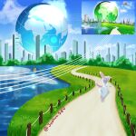  ambiguous_gender cora_(joshuas) earth eeveelution female_(lore) fence feral frutiger_aero generation_6_pokemon grass_field hi_res joshuas nintendo planet plant pokemon pokemon_(species) sea shrub solo sylveon water 