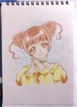  1girl absurdres aizen_(syoshiyuki) brown_eyes brown_hair choker cone_hair_bun cropped_torso dokidoki!_precure double_bun hair_bun head_tilt highres long_sleeves precure short_twintails smile solo steepled_fingers traditional_media twintails upper_body yotsuba_alice 