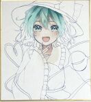  1girl :d blush bow buttons collared_shirt commentary_request diamond_button disembodied_linked_eye eyeball frilled_shirt_collar frilled_sleeves frills furawast green_eyes green_hair hair_between_eyes hat hat_bow heart heart_of_string komeiji_koishi long_sleeves looking_at_viewer open_mouth partially_colored shikishi shirt smile solo touhou traditional_media unfinished upper_body wide_sleeves 